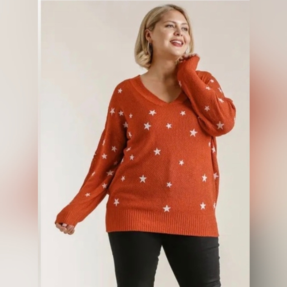 Umgee + Rust Star Stamped V-Neck Sweater XL NWT